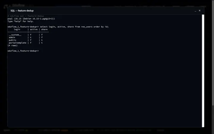 Consola SQL, tema oscuro